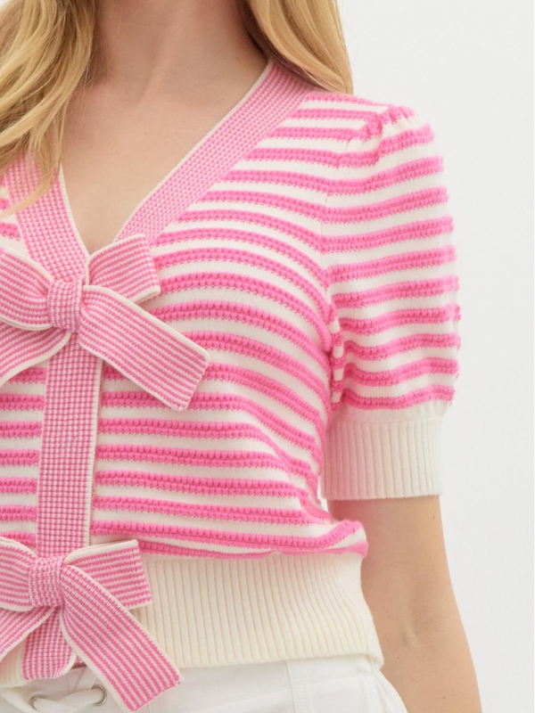 Pink Striped Bow Cardigan Top