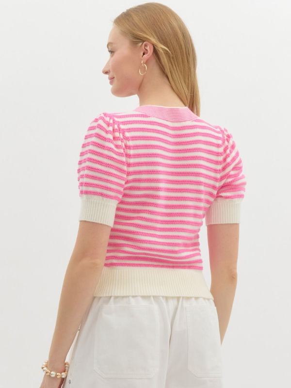 Pink Striped Bow Cardigan Top