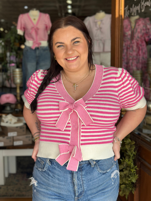 Pink Striped Bow Cardigan Top