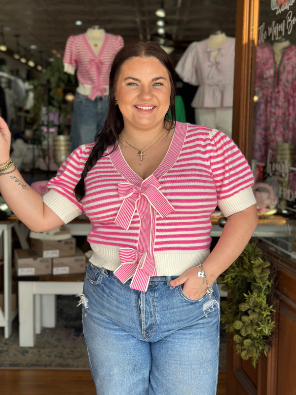 Pink Striped Bow Cardigan Top