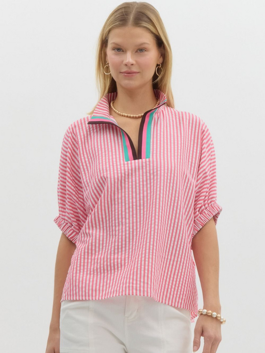 Pink & White Stripe Contrast Collar Top