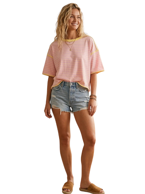 woman wearing striped top and shorts