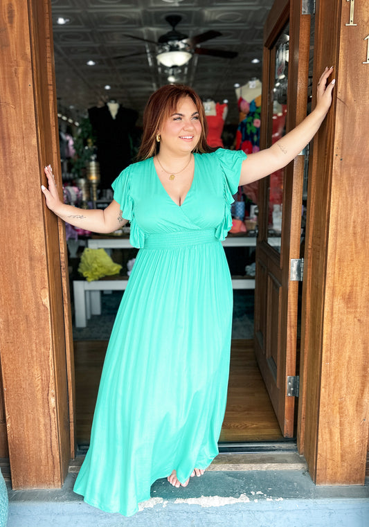 Pistachio Ruffle Sleeve Maxi Dress