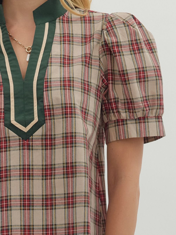 Plaid dress with green neckline on a neutral background