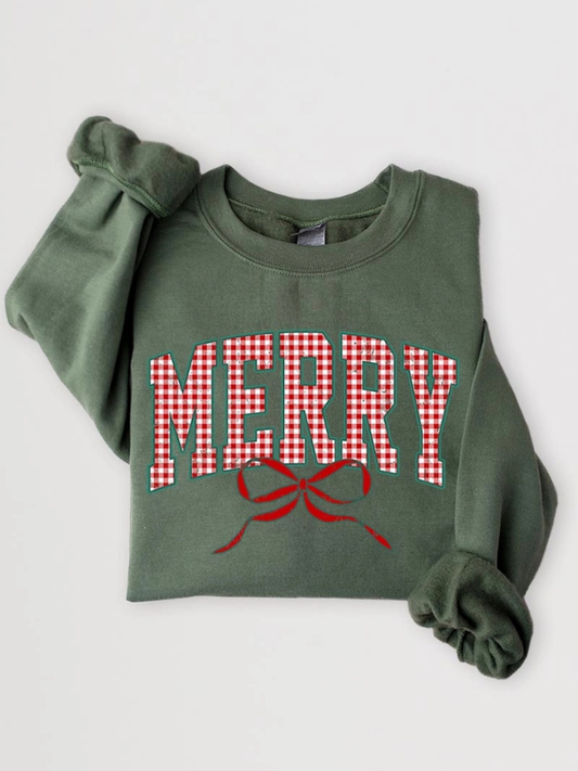 Green sweatshirt with 'MERRY' in red checkered letters on a white background
