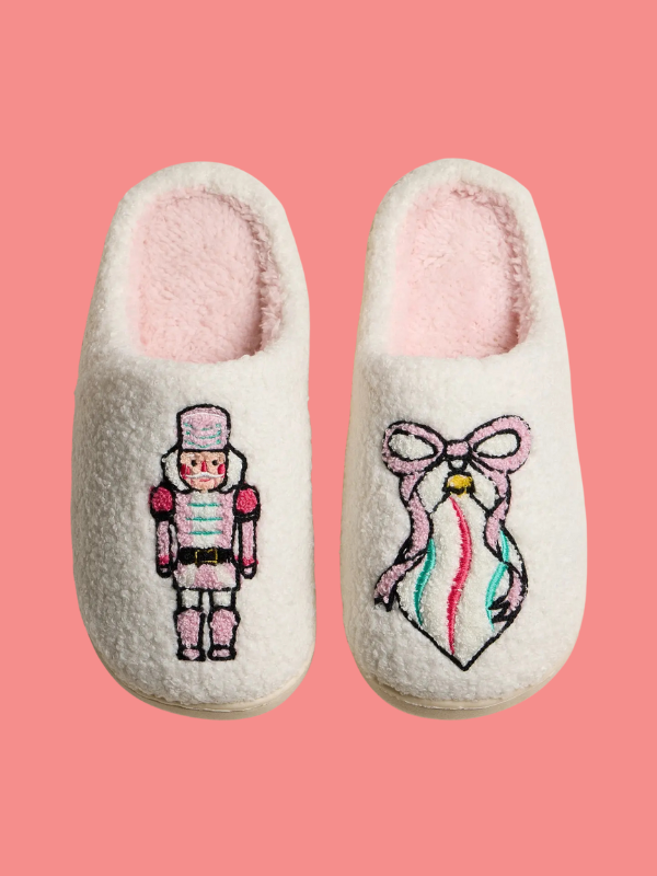 Plush Holiday Slippers Embroidered with Classic Nutcracker and Festive Ribbon Ornament