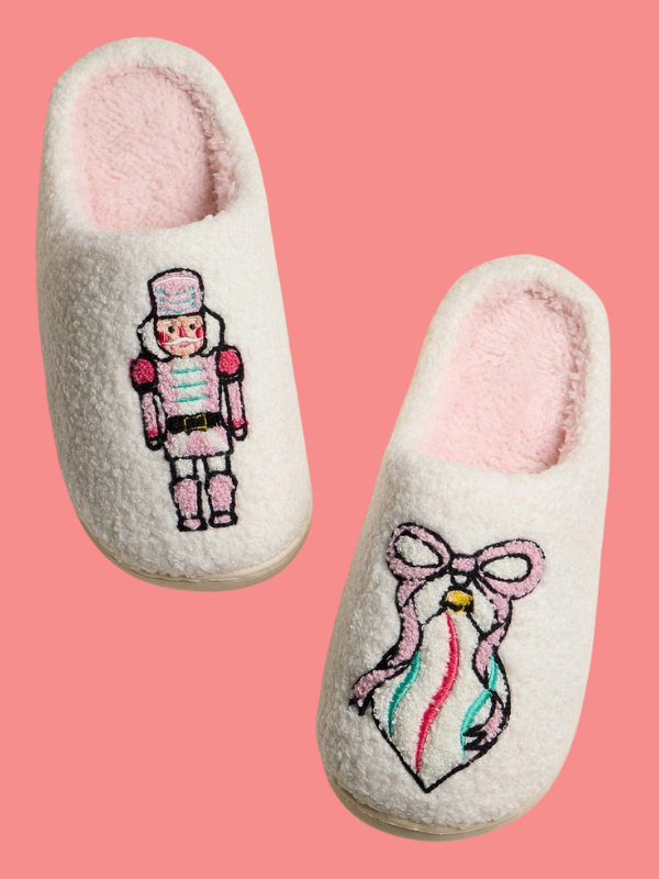 Plush Holiday Slippers Embroidered with Classic Nutcracker and Festive Ribbon Ornament