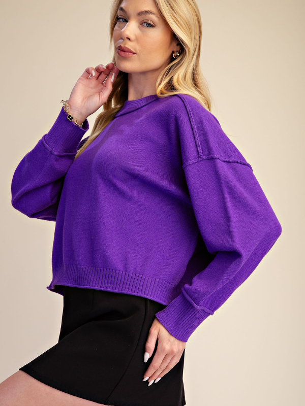 A woman wearing a vibrant purple cropped knit sweater with balloon sleeves and a black skirt, posed against a solid beige background.