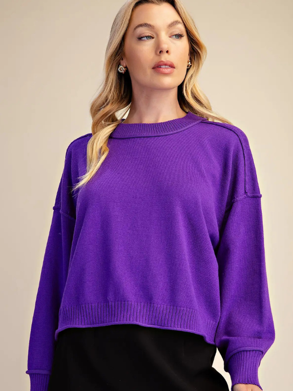 A woman wearing a vibrant purple knit crewneck sweater with drop shoulders and ribbed cuffs, paired with a black skirt, set against a solid beige background.
