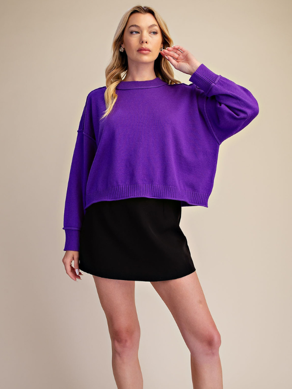 A woman modeling a vibrant purple cropped knit sweater with long sleeves, paired with a black mini skirt, against a solid beige studio background.