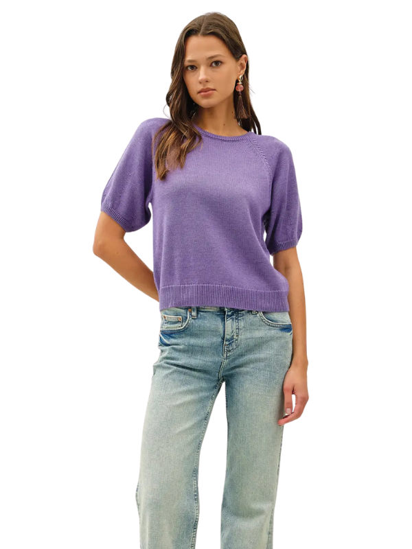 A woman modeling a short-sleeve knit sweater in lavender purple, paired with light-wash blue jeans, against a plain white background.