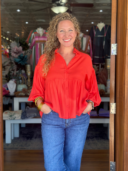 Red Collared Balloon Sleeve Button Down - Themasonboutique