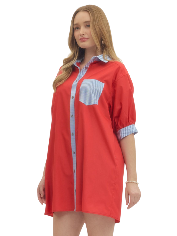 Red shirt with white and blue accents worn by a model on a white background