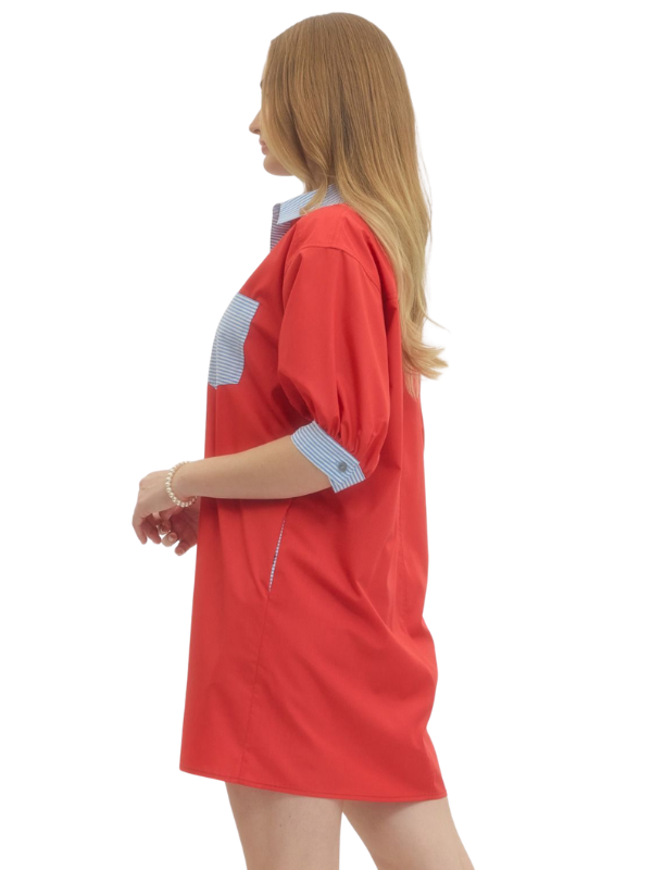 Red dress with white and blue checkered details on a white background