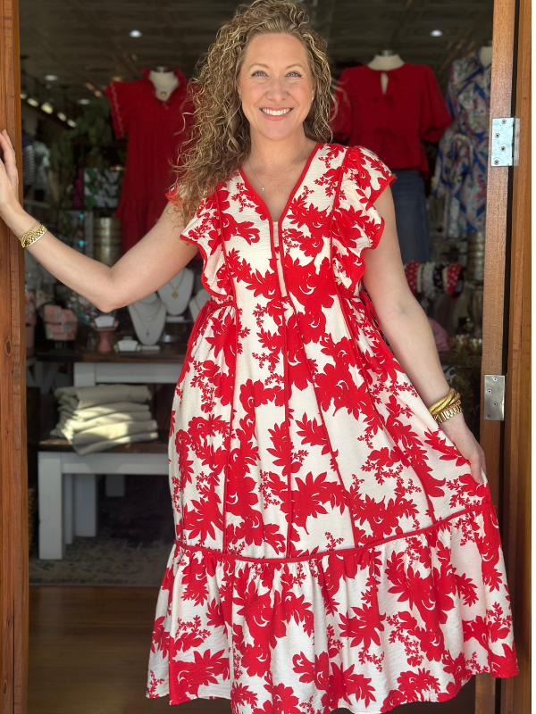 Red + Cream Floral Midi Dress