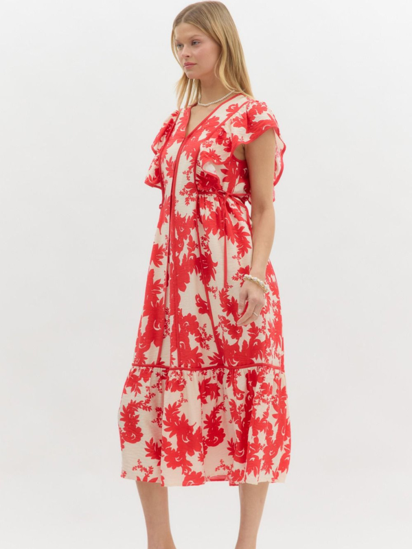 Red + Cream Floral Midi Dress