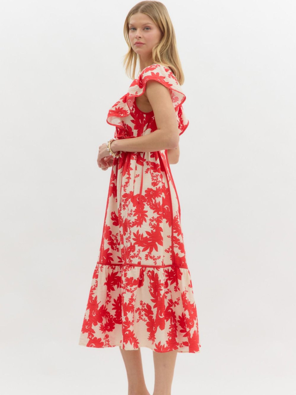 Red + Cream Floral Midi Dress