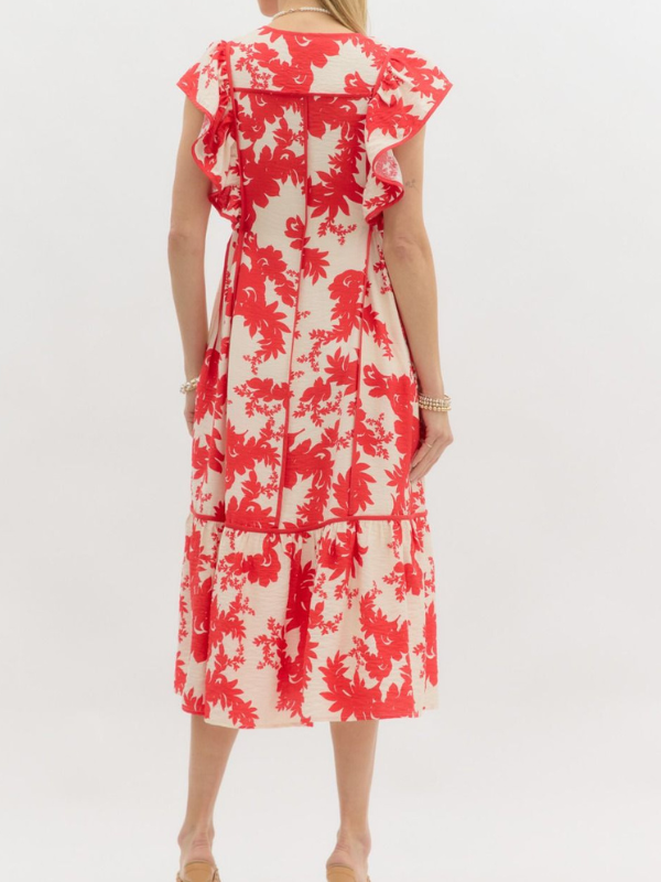 Red + Cream Floral Midi Dress