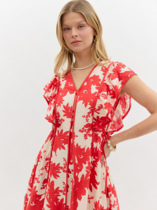 Red + Cream Floral Midi Dress