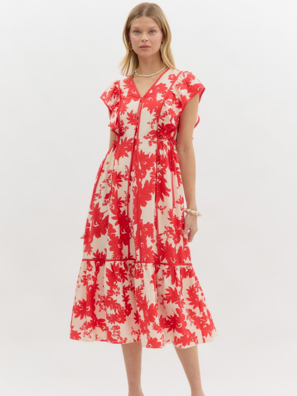 Red + Cream Floral Midi Dress