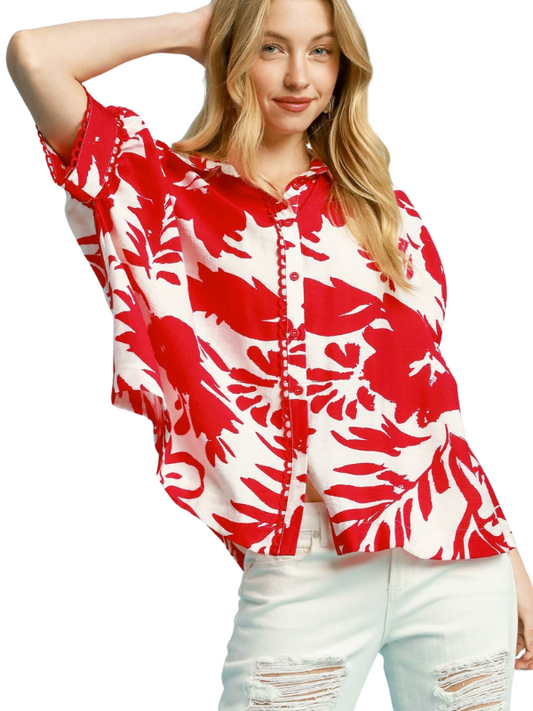 Red Floral Button Up