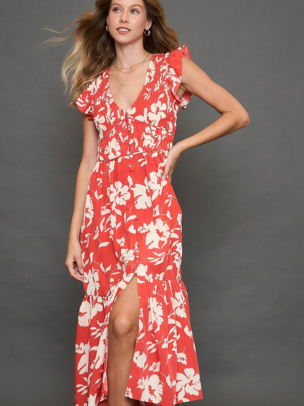 Red Floral Print Smocked Midi Dress