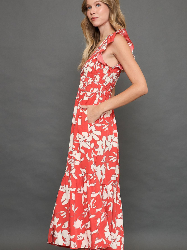 Red Floral Print Smocked Midi Dress