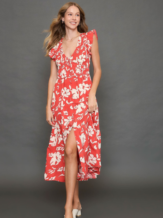 Red Floral Print Smocked Midi Dress