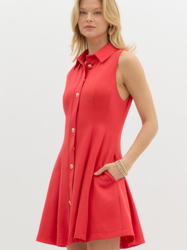 Red Gold Button Front Dress