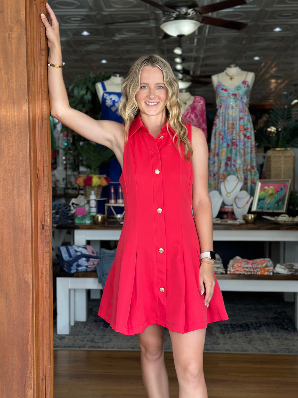 Red Gold Button Front Dress