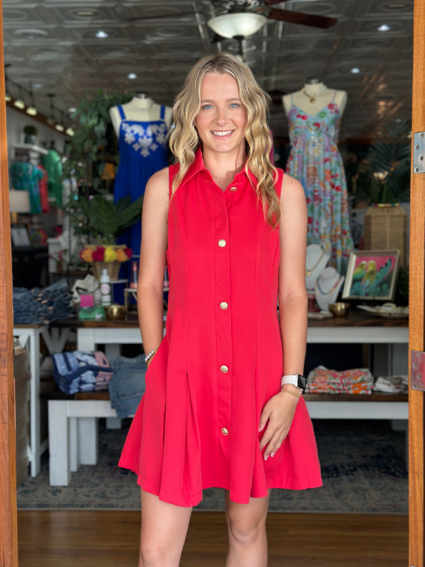 Red Gold Button Front Dress