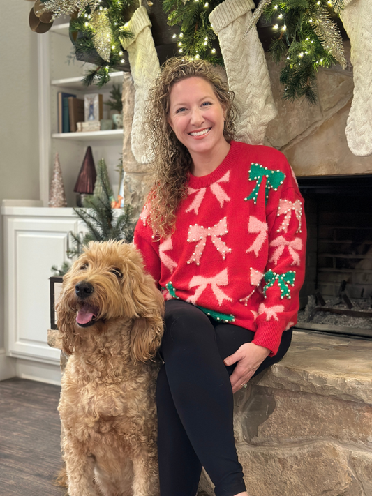 Red + Green Pearl Bow Sweater