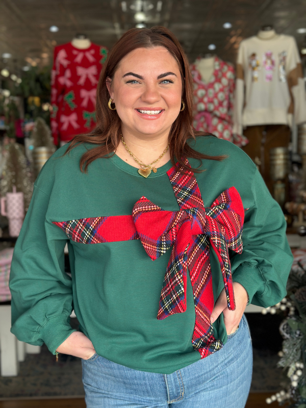 Red & Green Plaid Ribbon Bow Sweatshirt