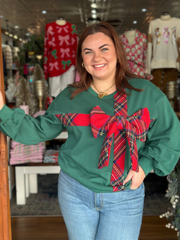 Red & Green Plaid Ribbon Bow Sweatshirt