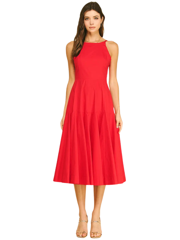 Woman wearing a red dress on a white background