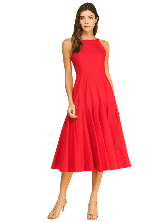 Woman wearing a red sleeveless dress on a white background