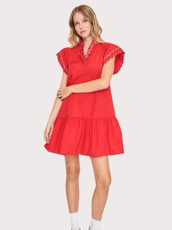 Red Scalloped Sleeve Mini Dress