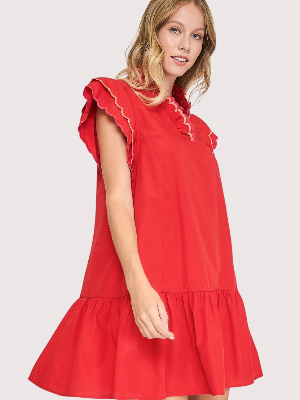 Red Scalloped Sleeve Mini Dress