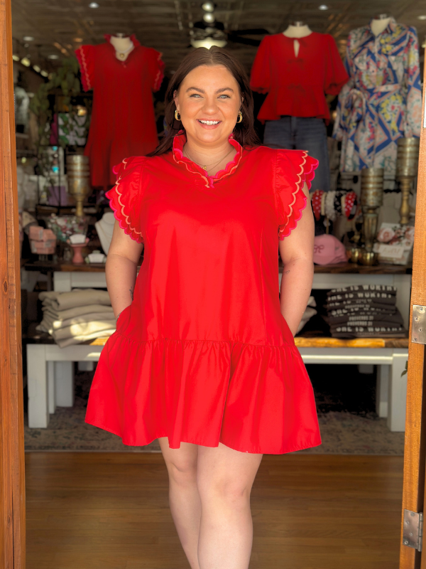 Red Scalloped Sleeve Mini Dress