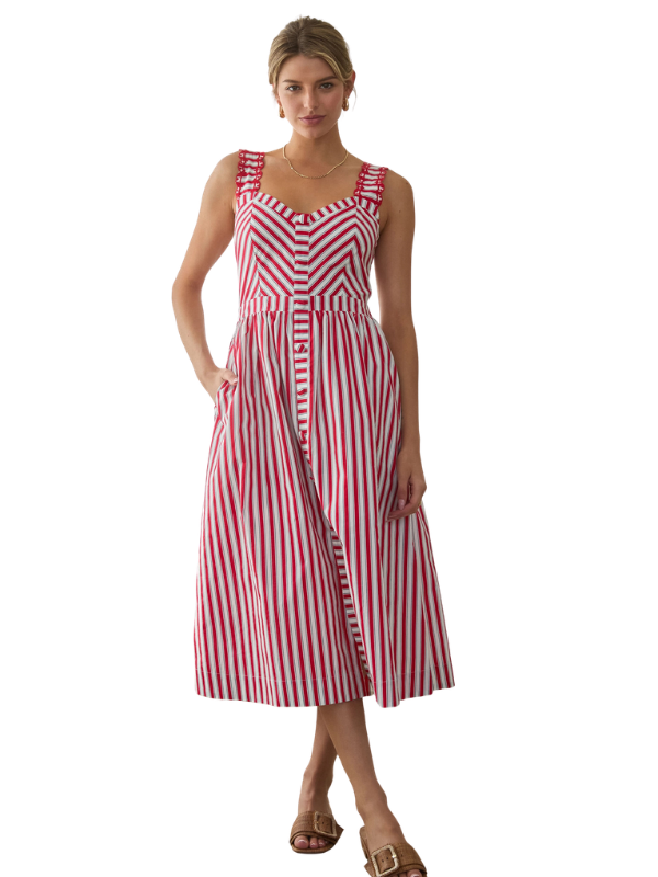 woman wearing a red, white, blue striped dress