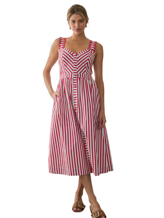 woman wearing a red, white, blue striped dress