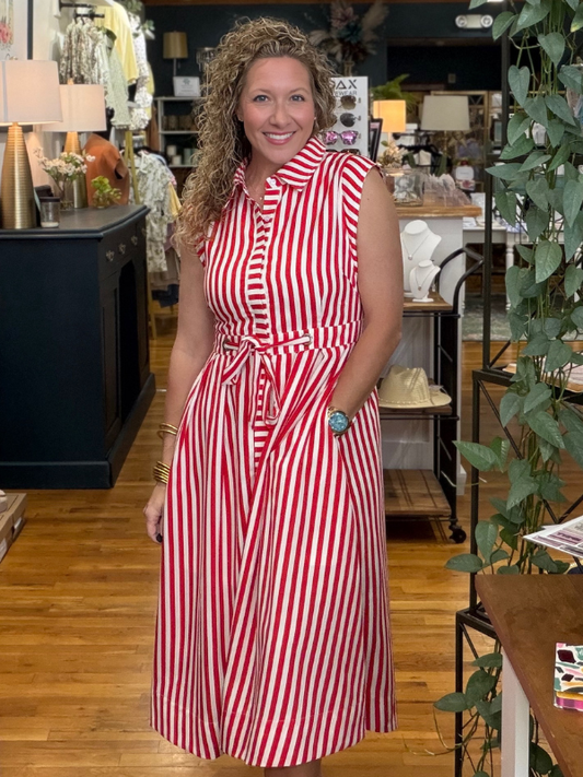 Red + White Striped Midi Dress
