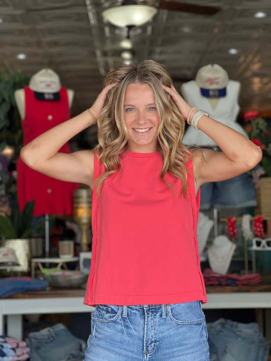 Round Neck Sleeveless Boxy Top - Coral