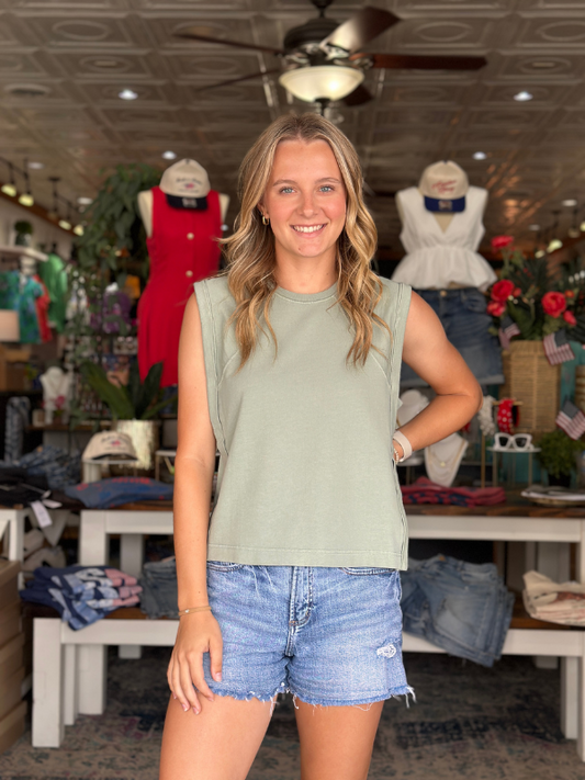 Round Neck Sleeveless Boxy Top - Sage Green