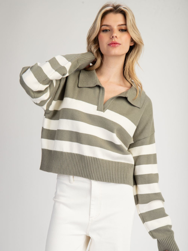 Sage & Cream Stripe Collared Sweater