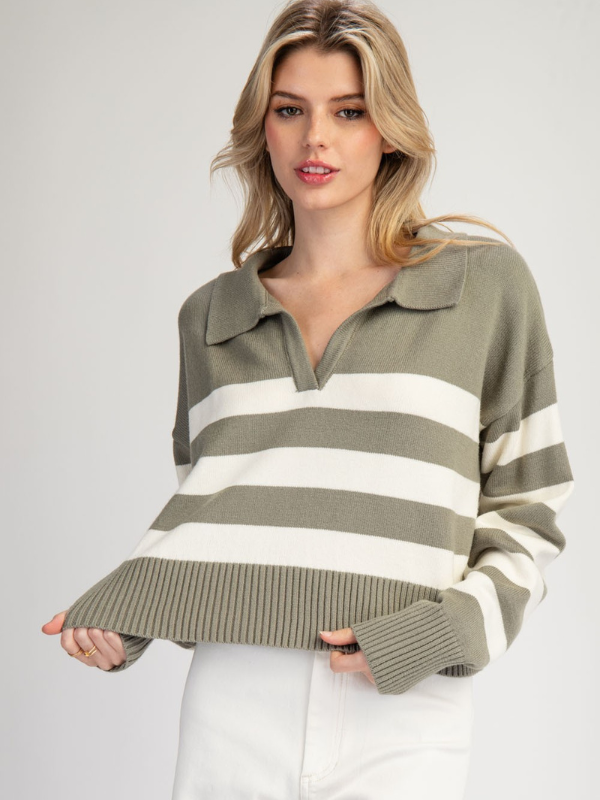 Sage & Cream Stripe Collared Sweater