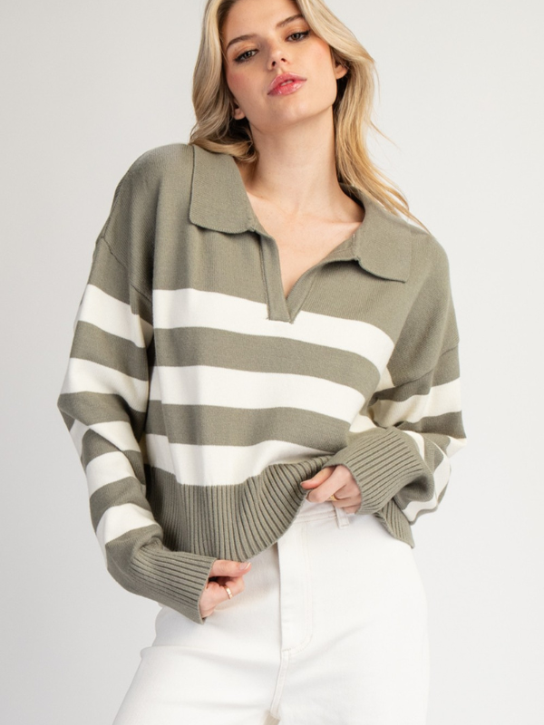 Sage & Cream Stripe Collared Sweater