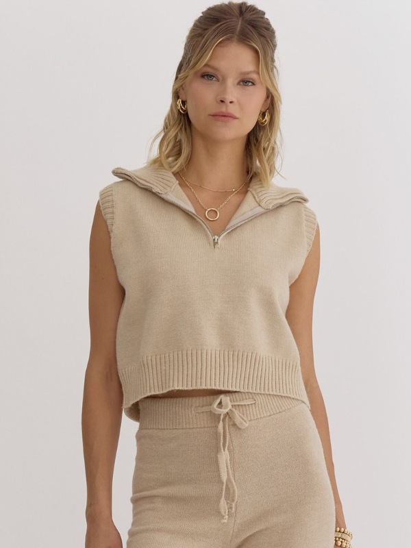 Sand Sleeveless 3/4 Zip Sweater