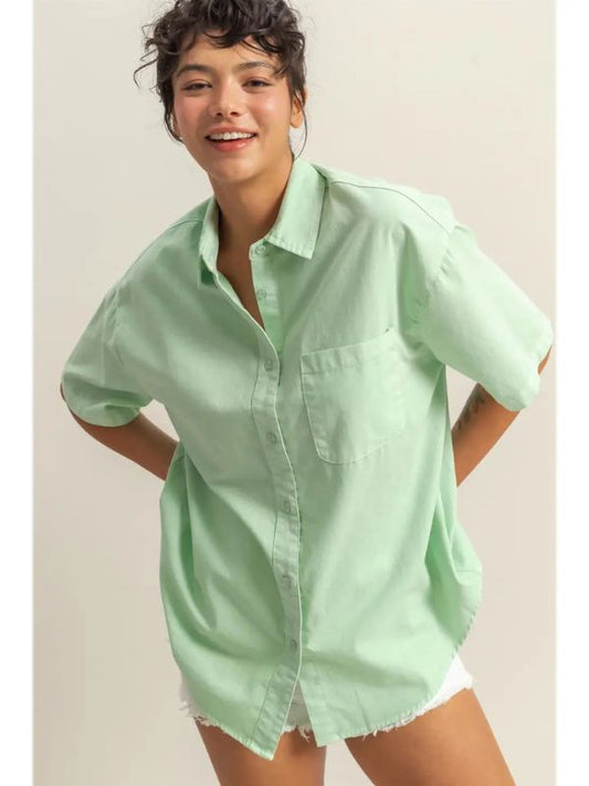 Short Sleeve Oversized Button Down Shirt - Mint