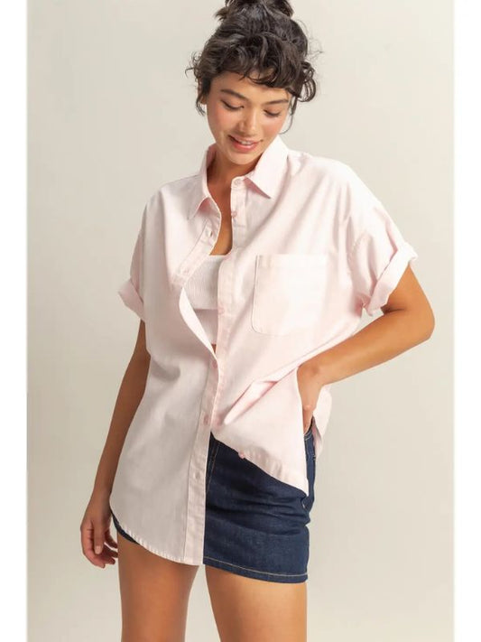 Short Sleeve Oversized Button Down Shirt - Soft Pink